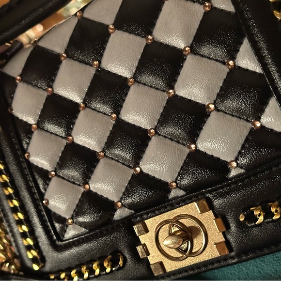 Black & White Checkered Chanel “Le Boy” Style Gold Champagne Swarovski Crystal - Picture 11 of 17